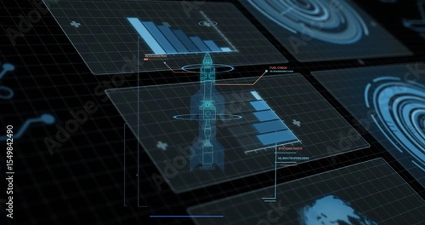 Obraz Displaying neon-blue rocket schematic in control interface, showing mission diagnostics panels