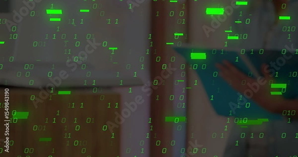 Fototapeta Cascading green binary digits overlaying blurred office shelving, with person holding blue folder