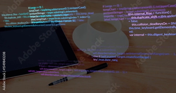 Obraz Black tablet sitting on office desk, with mug, stylus, pencil with eraser, code overlay, copy space