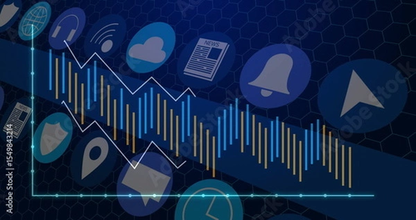 Obraz Displaying diagonal bar chart running across virtual dashboard, with trend line and service icons