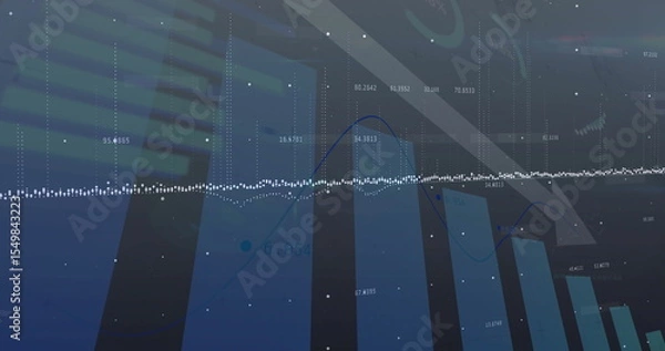 Obraz Displaying analytics UI with blue bars, waveform, line graph, labels, light streaks and grid lines
