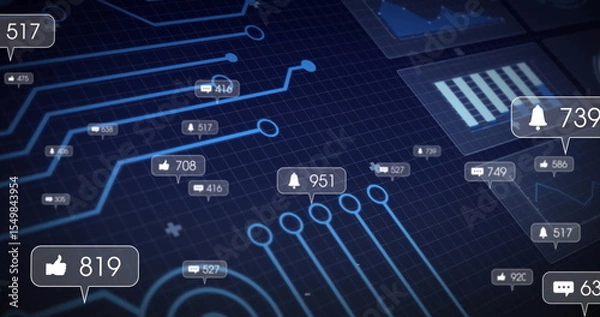 Obraz Floating bell notification bubble hovering over grid, with glowing nodes, numeric badge