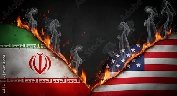 Fototapeta Iran vs USA geopolitical conflict concept with burning national flags symbolizing war, hostility, and broken diplomatic relations on a dramatic dark background.