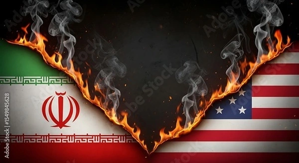 Fototapeta USA and Iran flags burning in a dramatic fire, symbolizing geopolitical conflict, diplomatic crisis, and hostile international relations on a dark, textured background with copy space.