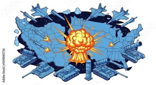 Fototapeta Dynamic illustration of war in the USA with fighter jets, tanks, and missiles surrounding a map of America under attack with a massive central explosion. Geopolitical conflict vector art