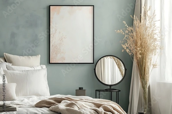 Fototapeta Serene Bedroom Decor featuring Neutral Tones and Dried Pampas Grass adding texture and warmth to the minimalist interior design.