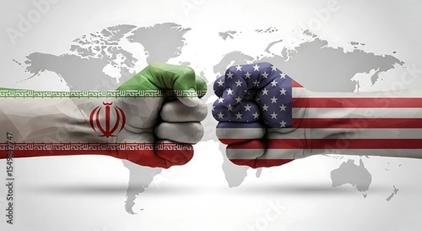 Fototapeta USA and Iran conflict concept showing a political confrontation with two fists painted with national flags facing off on a global world map background.