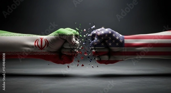 Fototapeta Iran and USA political conflict concept showing two fists with national flags clashing and breaking apart. A symbol of geopolitical tension, diplomatic crisis, and international struggle.