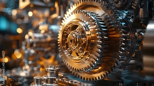 Fototapeta A detailed image showcasing the intricate workings of a gear system. The precision engineering and metallic shine are captivating. A Close-Up of Complex Machinery appliances