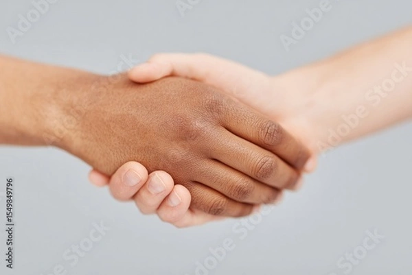 Fototapeta pair of diverse hands one reaching out with open palm set against plain background symbolizing and support with ample