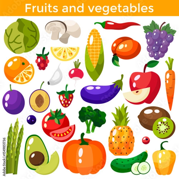 Obraz Set of fresh healthy vegetables, fruits and berries isolated. Slices of fruits and vegetables. Flat design. Organic farm illustration.