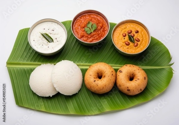 Obraz South Indian Breakfast with Idli, Vada and Chutneys on Banana Leaf – Top View