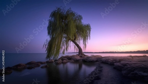 Fototapeta Solitary tree at twilight by serene lakeside with gentle ripples