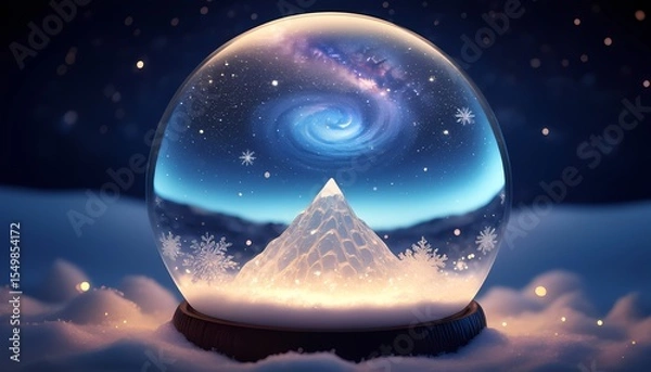 Fototapeta Snow globe with mountain and galaxy under starry night sky
