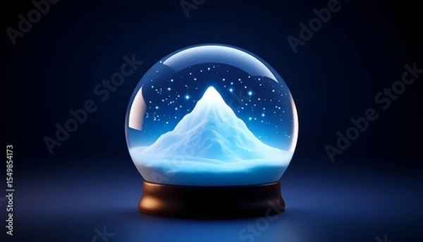 Fototapeta Illuminated snow globe with mountain and starry night on dark background