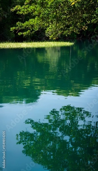 Fototapeta Serene green lake with tree reflections on a calm summer day