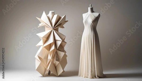 Fototapeta Abstract geometric and elegant draped gowns on mannequins in studio lighting