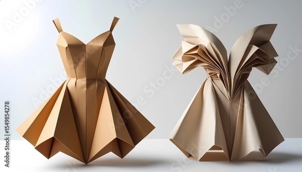 Fototapeta Two origami paper dresses with geometric designs on display table