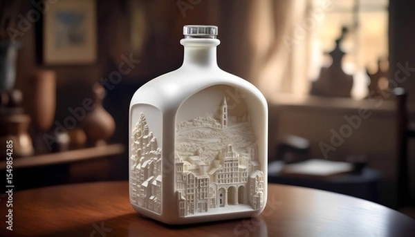 Fototapeta Intricate carvings on ceramic bottle showcasing scenic urban architecture