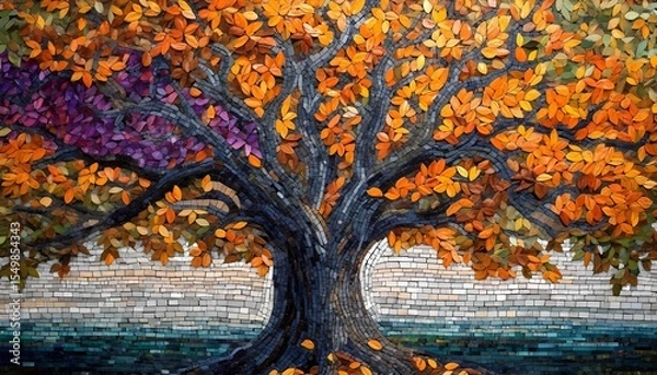 Fototapeta Vibrant mosaic tree with colorful autumn leaves and strong branches in artwork