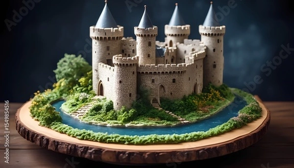 Fototapeta Intricate medieval castle cake design with moat on wooden base