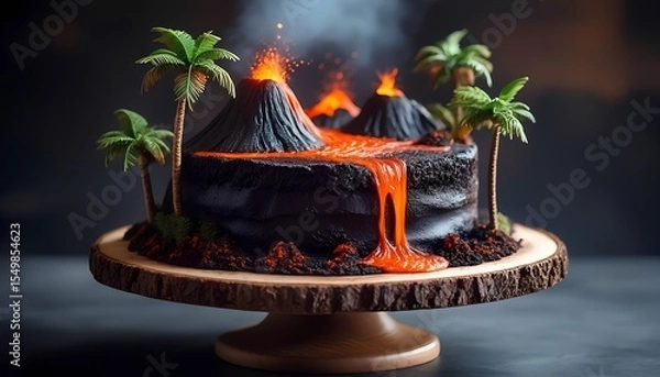 Fototapeta Volcanic-themed cake with erupting lava and palm tree decorations
