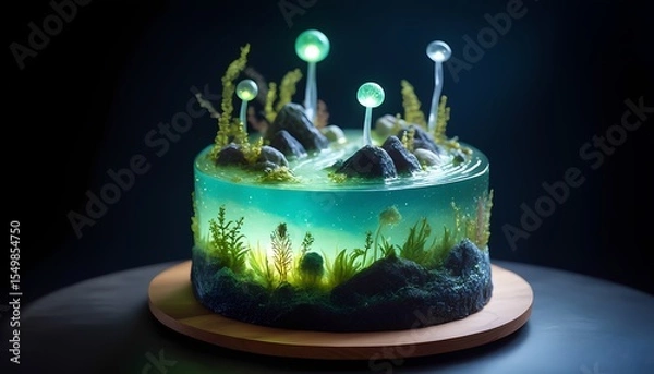 Fototapeta Creative conceptual cake with glowing wilderness and enchanted forest elements at night