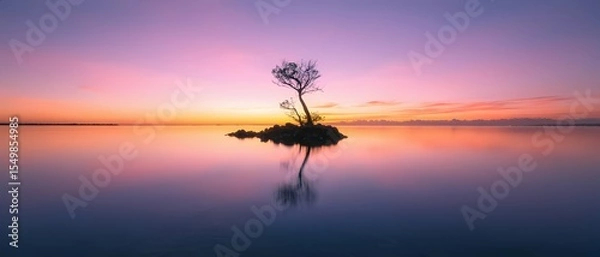 Fototapeta Solitary tree on calm island during colorful sunset over tranquil lake