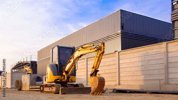 Fototapeta Mini excavator on the ground near precast concrete fence wall outside of industrial warehouse factory building structure in construction site, perspective side view