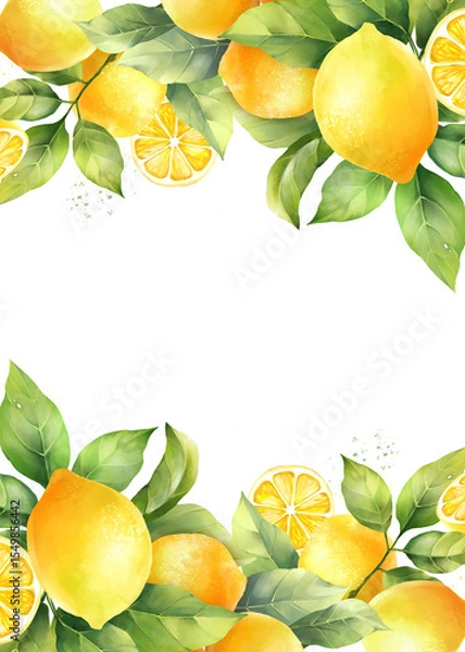 Fototapeta Decorative background with hand drawn lemons and leaves