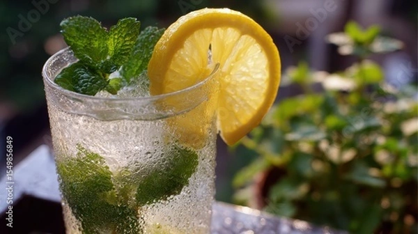 Fototapeta Summer lemonade with lemon slices, mint leaves and sparkling ice, in a glass with natural light and green garden background – refreshing and vibrant