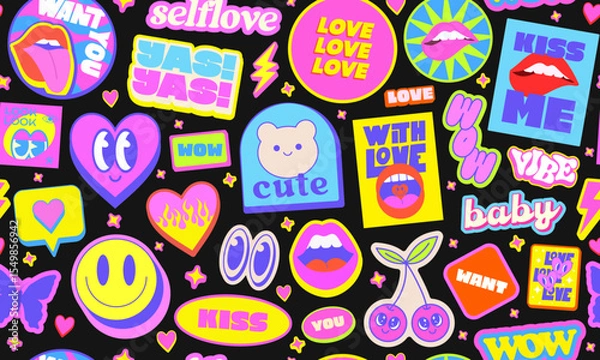 Fototapeta Cute Y2k Seamless Pattern Pop Art Design. Cool Funky Groovy Stickers Collage Illustration. Funny Cartoon Characters Vector Background. Smile Patches.