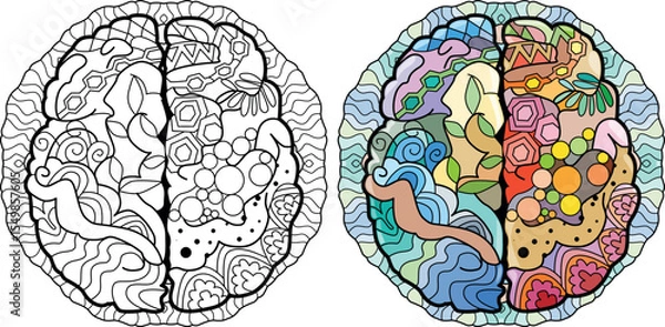 Fototapeta Brain image in zentangle style on mandala for coloring. Color and outline set