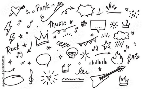 Fototapeta Hand drawn rock and punk music doodle elements with guitar, microphone, skull, heart, and speech bubbles