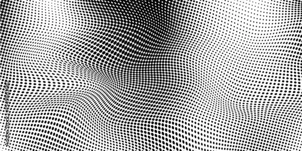 Obraz Abstract wave halftone black and white. Monochrome texture for printing on badges, posters, and business cards. Vintage pattern of dots randomly arranged