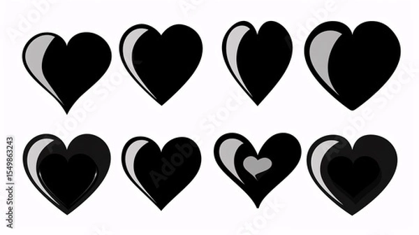 Fototapeta Black and white heart designs in various styles, symbolizing love, contrast, and simplicity.