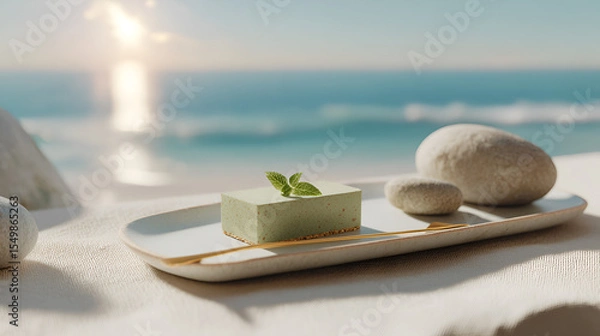 Fototapeta Elegant matcha dessert with mint on a seaside plate, radiating tranquility and a touch of culinary artistry
