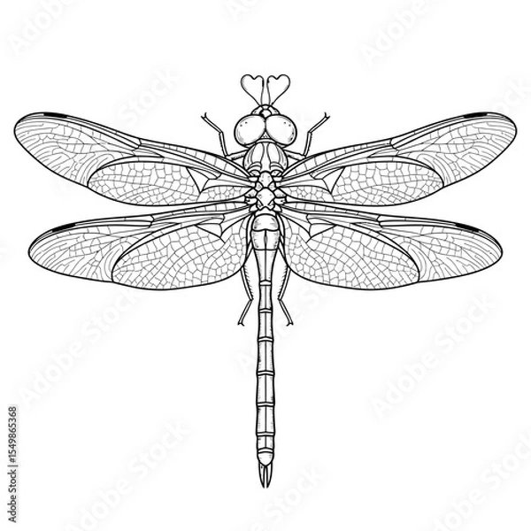 Fototapeta Detailed line drawing of a dragonfly with intricate wing patterns on a white background top view