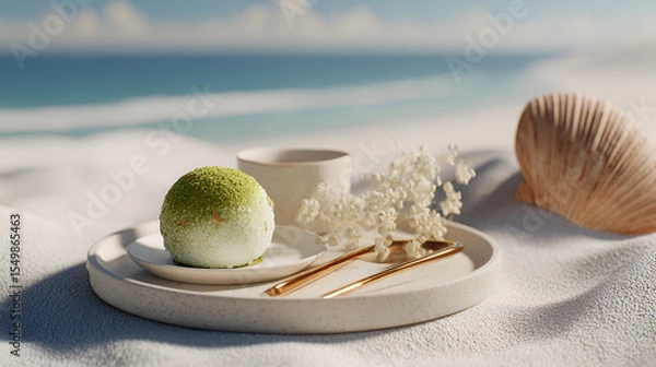 Fototapeta Matcha dessert presented on a beach with seashells, a mug, and flowers, offering a serene seaside treat.