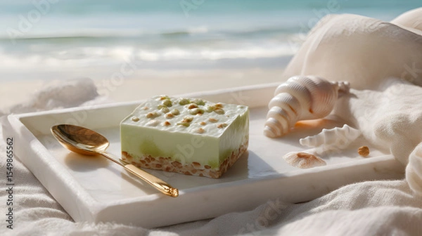 Fototapeta Coastal Dessert: Pistachio dessert bar on a marble tray with beach backdrop and seashells, golden spoon