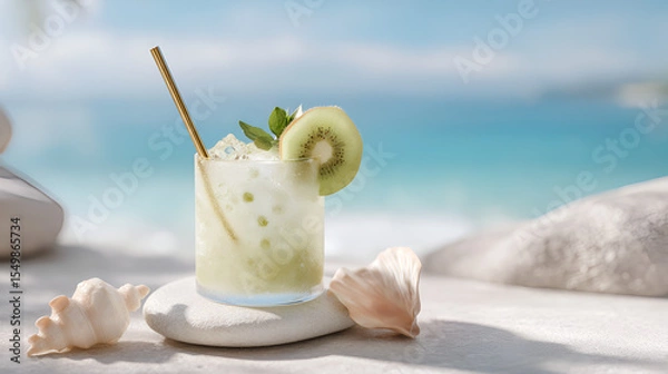 Fototapeta Refreshing kiwi cocktail on a beach setting with seashells and a golden straw for a perfect summer vibe.
