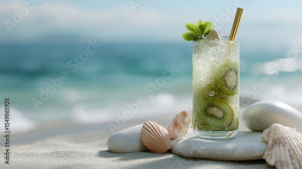 Fototapeta Refreshing kiwi beverage with gold straw, mint garnish, beach backdrop, adding zest to tranquil ocean setting.