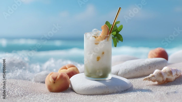 Fototapeta Peach Cocktail: Refreshing drink with fruit garnish, served on a sunny beach with ocean waves.