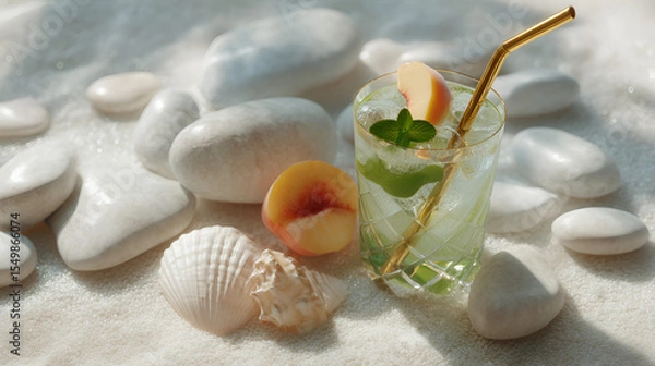 Fototapeta Refreshing summer cocktail with peach and mint, served on a bed of white sand and stones.
