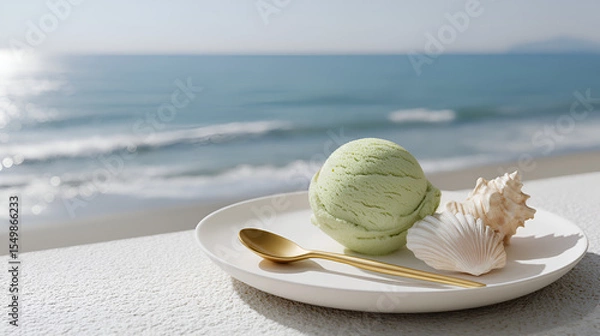 Fototapeta Refreshing gelato treat with seaside view: A perfect summer dessert on a crisp white plate and gold spoon.