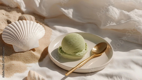 Fototapeta Refreshing green ice cream scoop on a plate by beach sand and seashells, golden spoon, summer treat