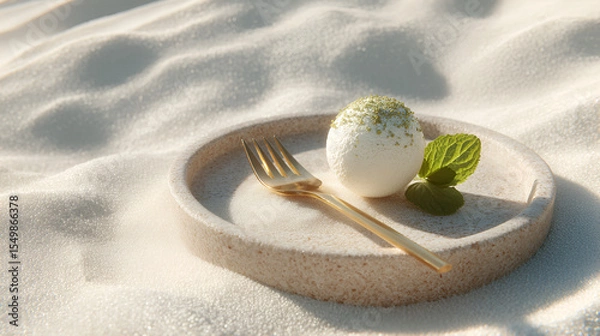 Fototapeta Dessert Sphere: A white treat with green sprinkles on a plate with a golden fork, mint garnish.