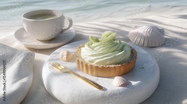 Fototapeta Beachside Tart: Indulge in a delicate dessert with ocean views, a sweet escape by the tranquil sea.