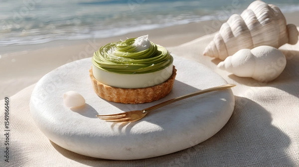 Fototapeta Delicious pistachio tart with decorative seashells and a golden fork on a marble stone by the ocean.