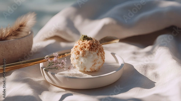 Fototapeta Elegant dessert presentation with natural light creating soft shadows, perfect for a sophisticated event.